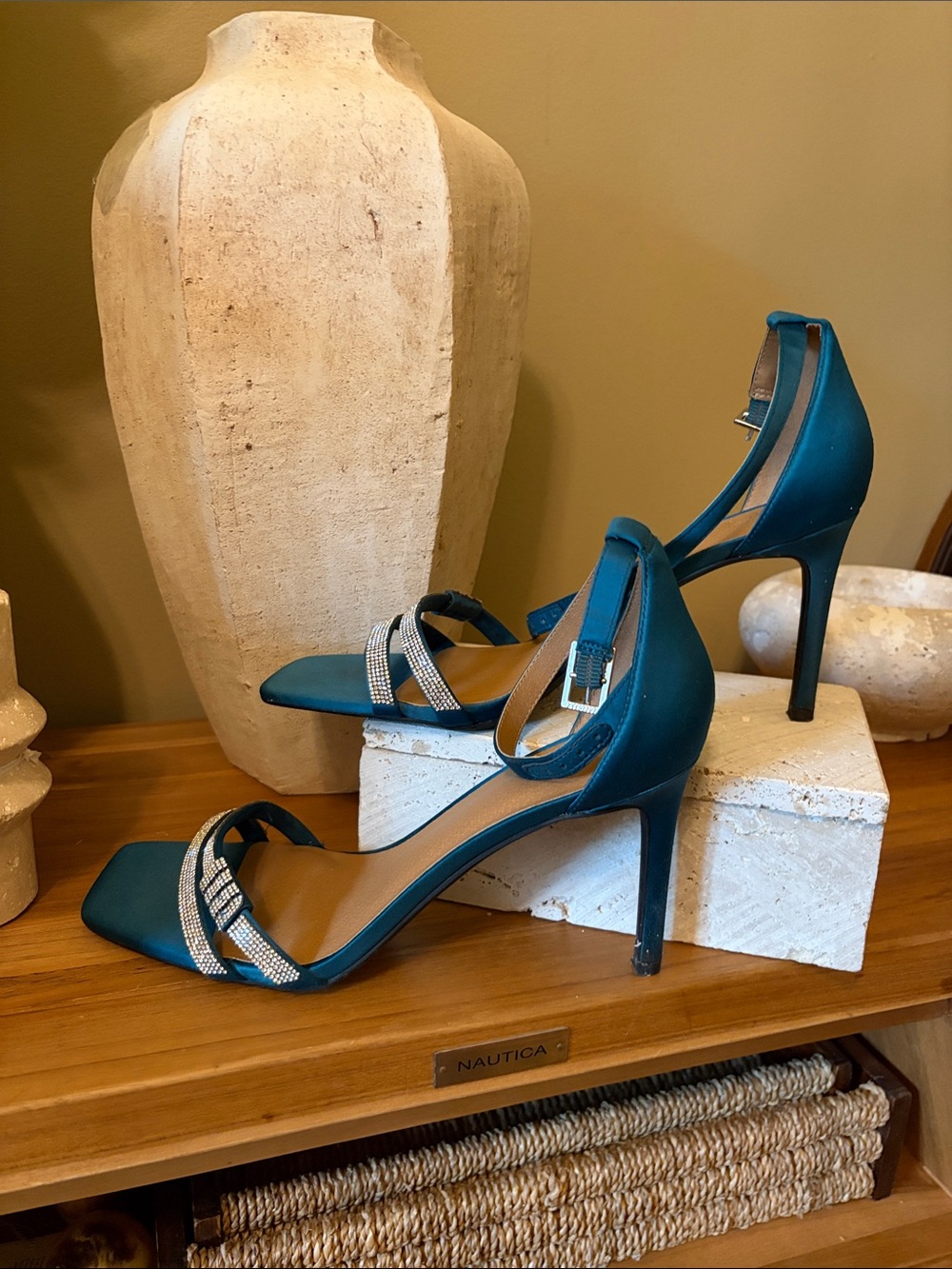 Teal Satin Ankle-Strap Evening Heels with Crystal Accent